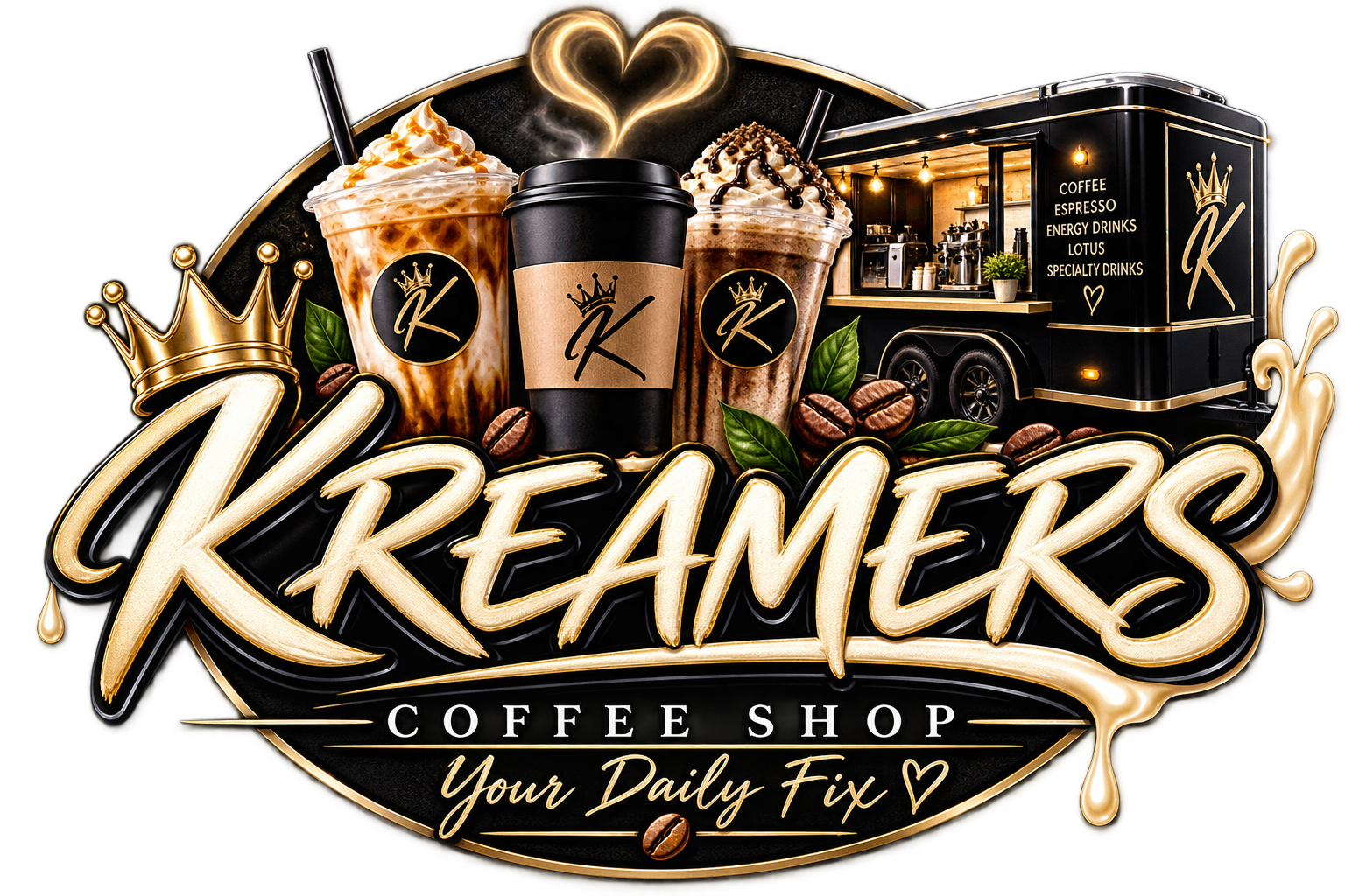 Kreamers Coffee Shop promotional graphic with a black and gold coffee trailer and espresso drinks